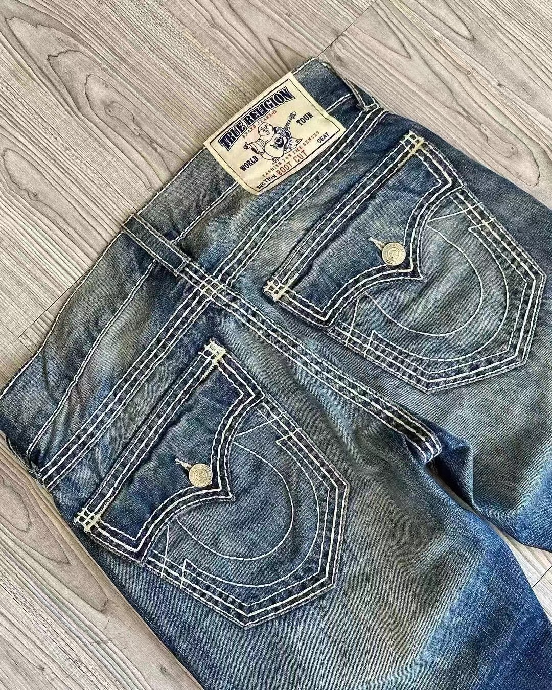 American high street fashion brand jeans with white thick thread and big Buddha - Picture 16 of 16