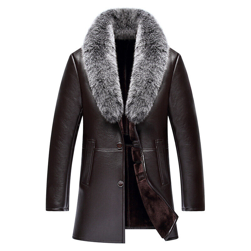 Men Fur Coat Faux Fox Fur Collar Thicken Mid-length Sheepskin Leather Jackets - Picture 14 of 14
