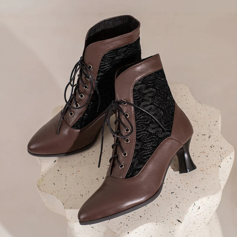 Mujeres Botines Encaje Tacón Bajo Gatito Zapatos Retro Con Cordones Informales Botas - Imagen 21 de 22