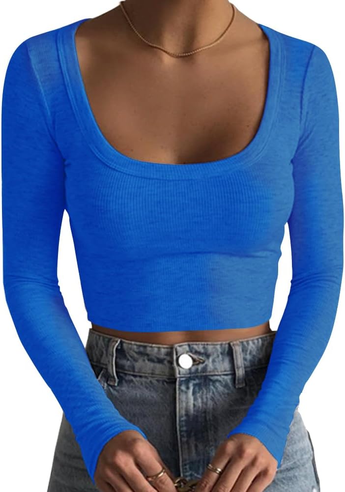 Women's Square Neck Long Sleeve Ribbed Slim Fitted Casual Basic Crop Top - Picture 26 of 42