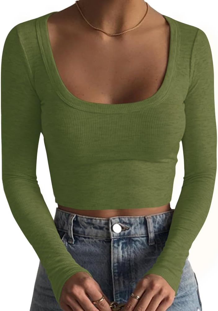 Women's Square Neck Long Sleeve Ribbed Slim Fitted Casual Basic Crop Top - Picture 27 of 42