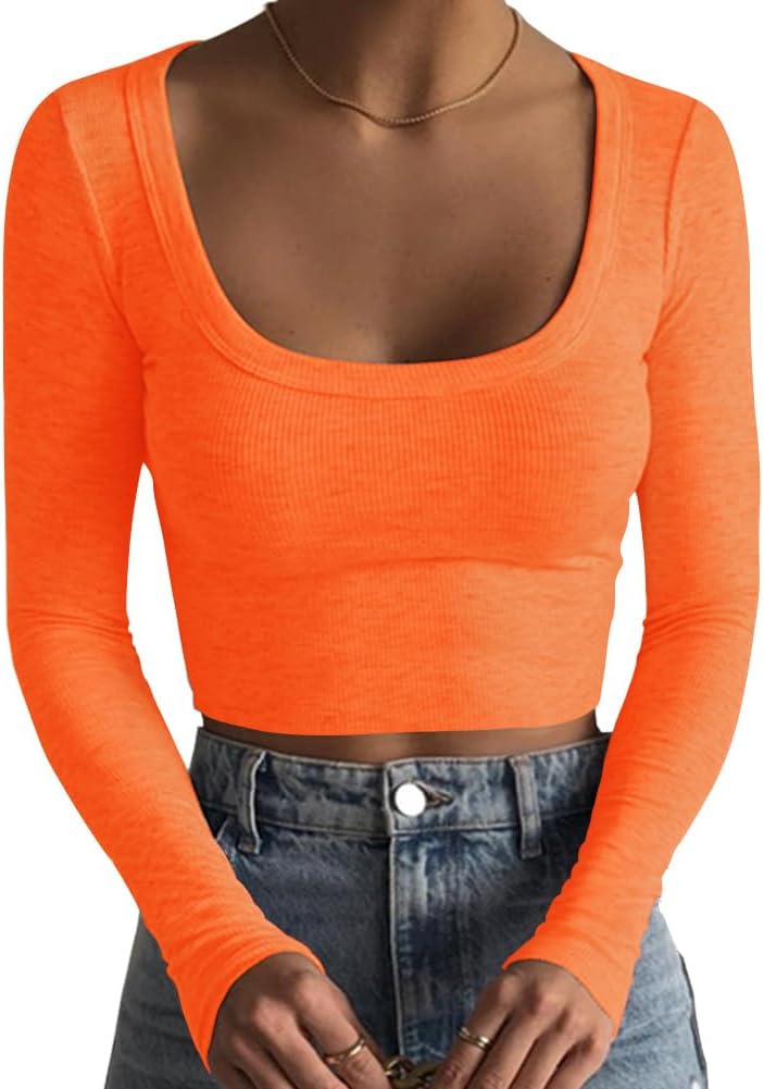 Women's Square Neck Long Sleeve Ribbed Slim Fitted Casual Basic Crop Top - Picture 28 of 42