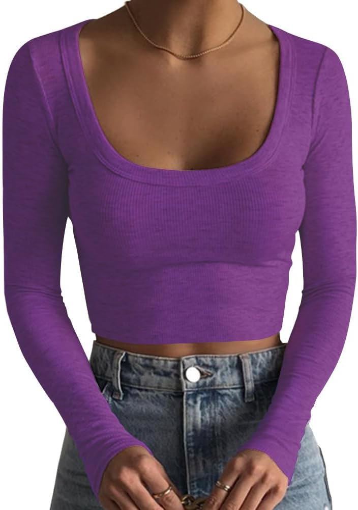 Women's Square Neck Long Sleeve Ribbed Slim Fitted Casual Basic Crop Top - Picture 29 of 42