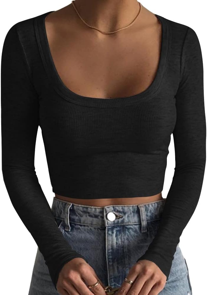 Women's Square Neck Long Sleeve Ribbed Slim Fitted Casual Basic Crop Top - Picture 30 of 42