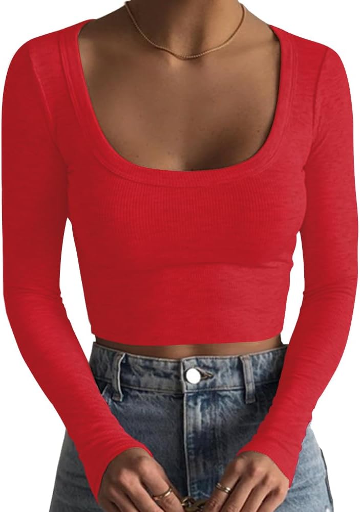 Women's Square Neck Long Sleeve Ribbed Slim Fitted Casual Basic Crop Top - Picture 33 of 42