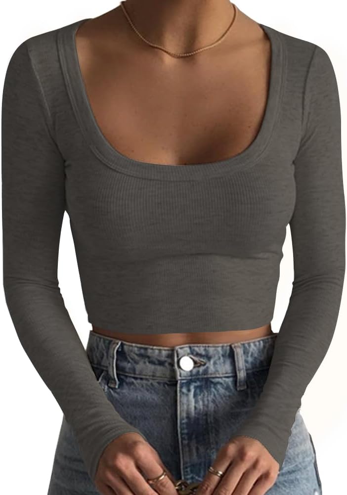 Women's Square Neck Long Sleeve Ribbed Slim Fitted Casual Basic Crop Top - Picture 35 of 42