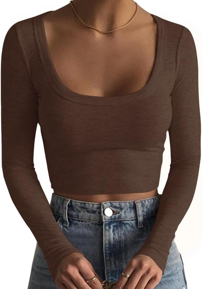 Women's Square Neck Long Sleeve Ribbed Slim Fitted Casual Basic Crop Top - Picture 36 of 42
