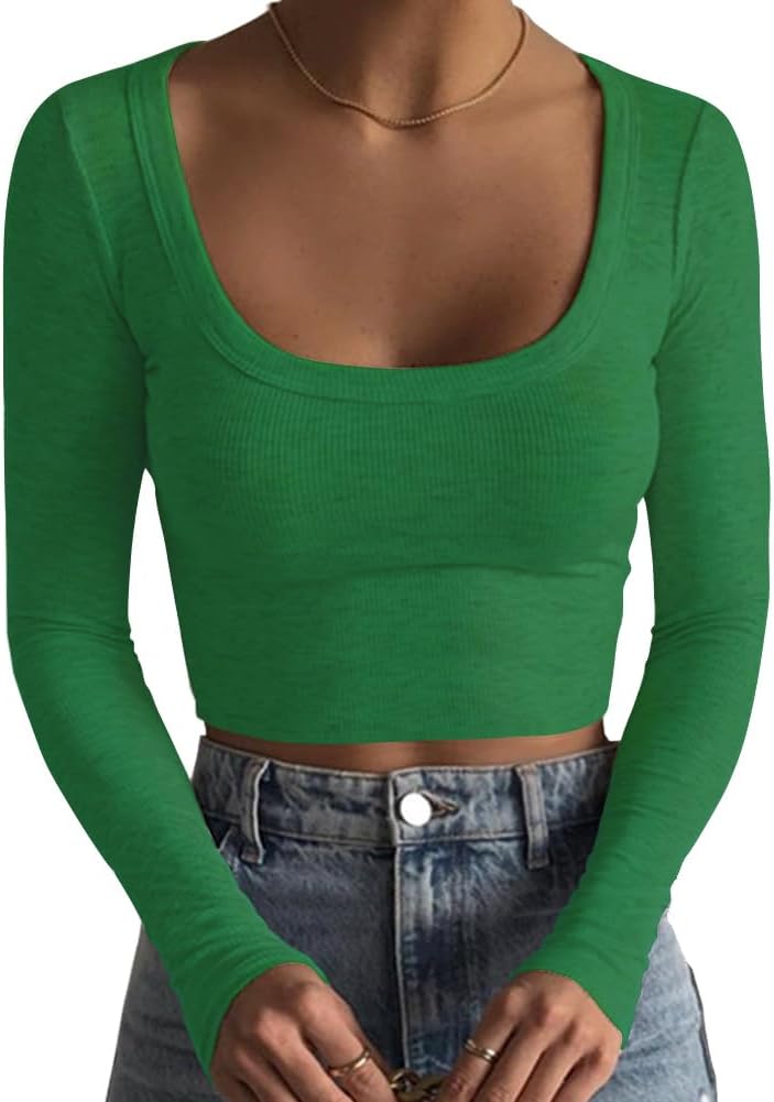 Women's Square Neck Long Sleeve Ribbed Slim Fitted Casual Basic Crop Top - Picture 37 of 42