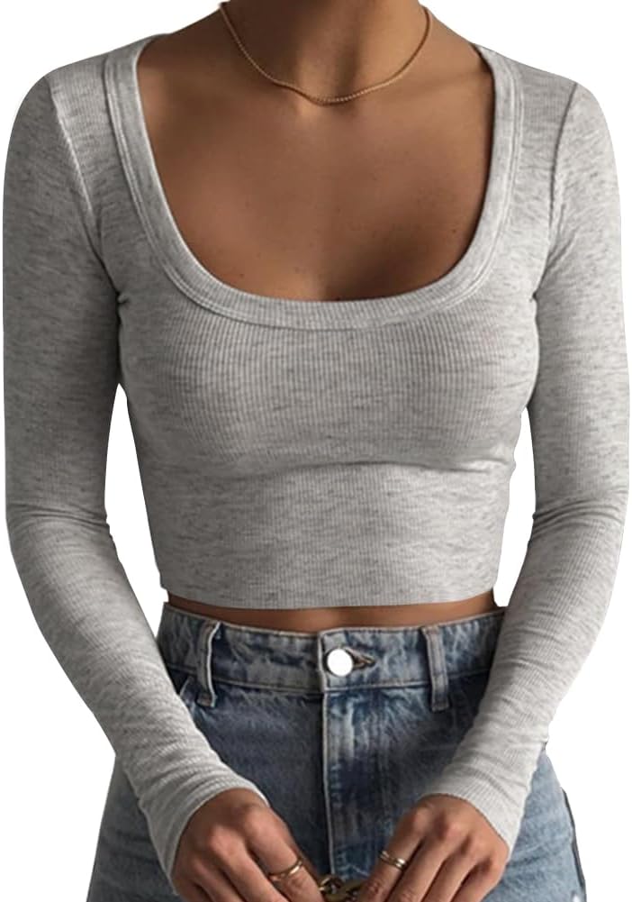 Women's Square Neck Long Sleeve Ribbed Slim Fitted Casual Basic Crop Top - Picture 38 of 42