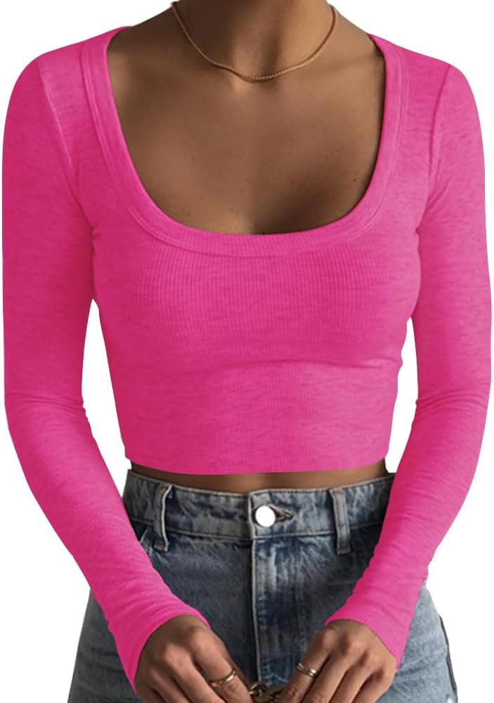 Women's Square Neck Long Sleeve Ribbed Slim Fitted Casual Basic Crop Top - Picture 39 of 42