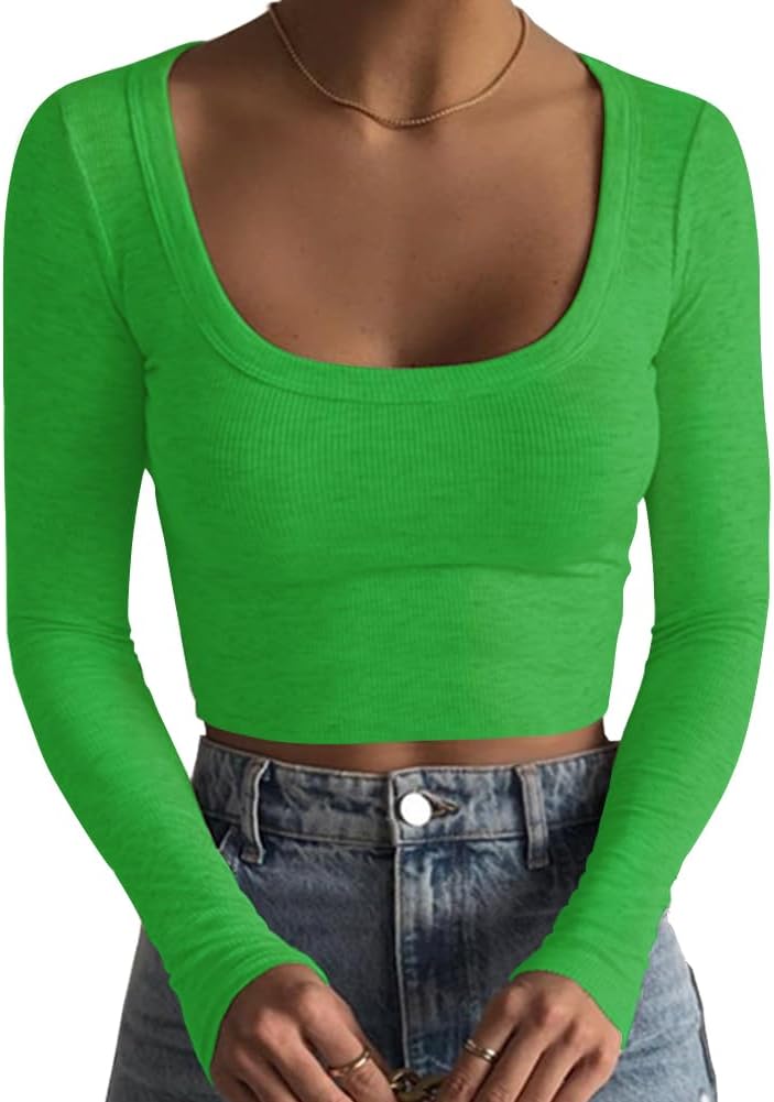 Women's Square Neck Long Sleeve Ribbed Slim Fitted Casual Basic Crop Top - Picture 40 of 42