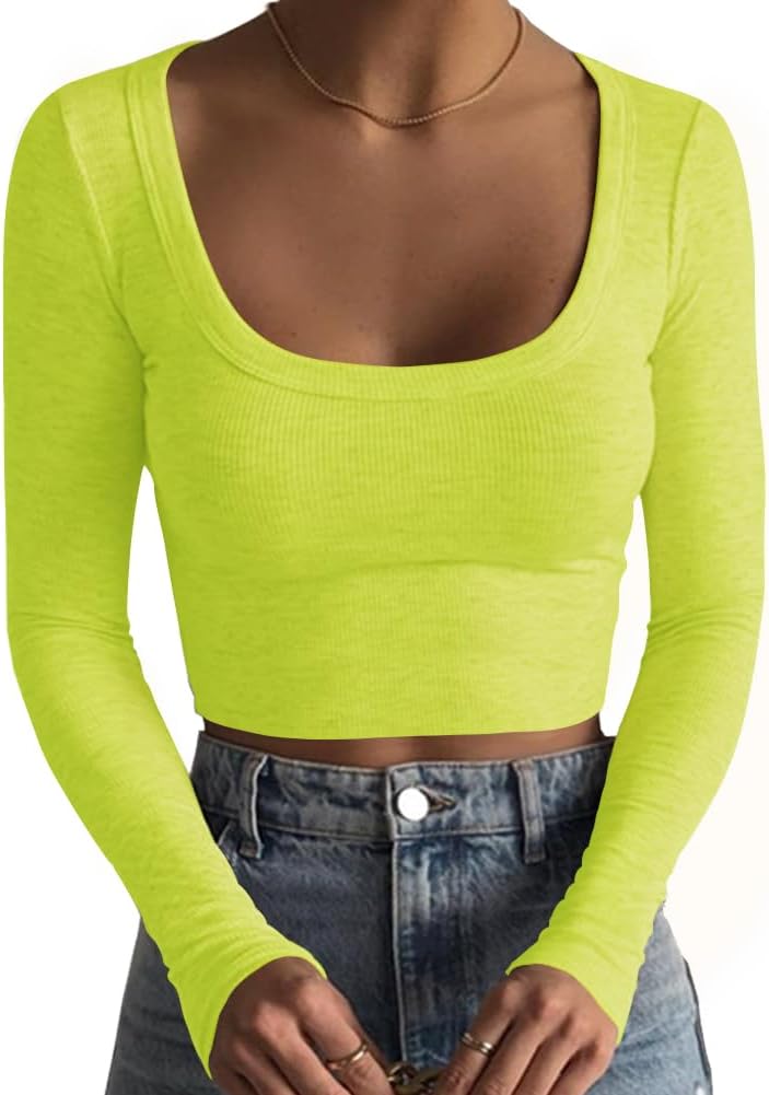 Women's Square Neck Long Sleeve Ribbed Slim Fitted Casual Basic Crop Top - Picture 41 of 42