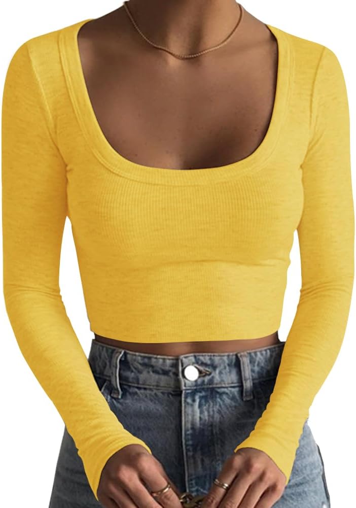 Women's Square Neck Long Sleeve Ribbed Slim Fitted Casual Basic Crop Top - Picture 42 of 42