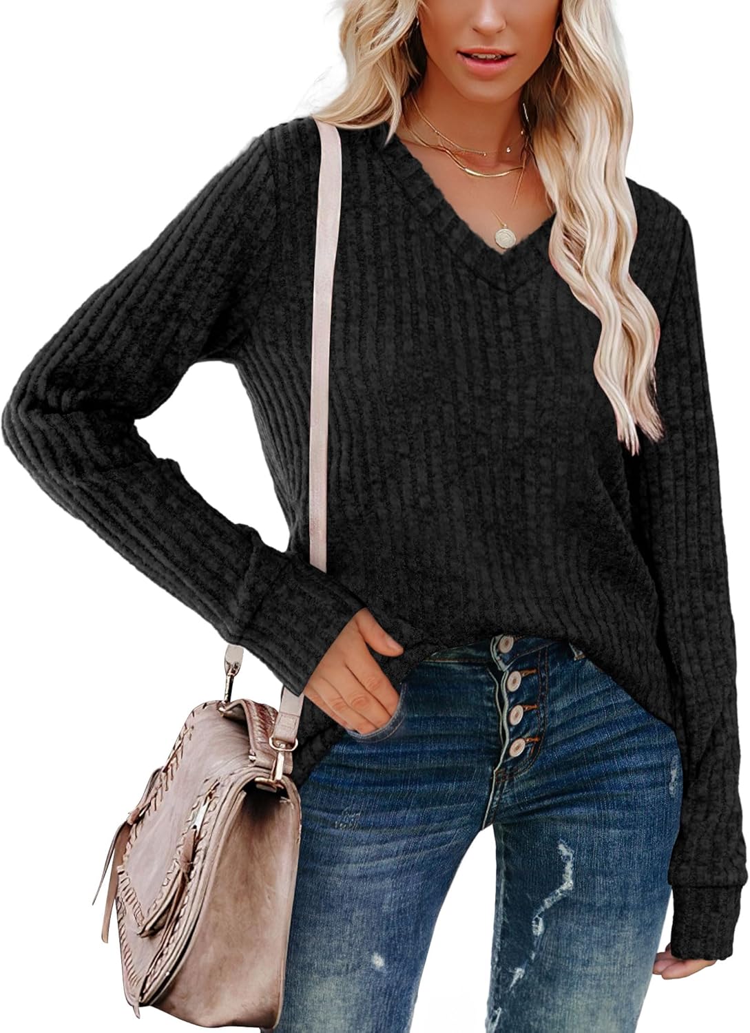 Women V Neck Long Sleeve Shirt Casual Fall Top Lightweight Tunic Sweater Clothes - Picture 25 of 128