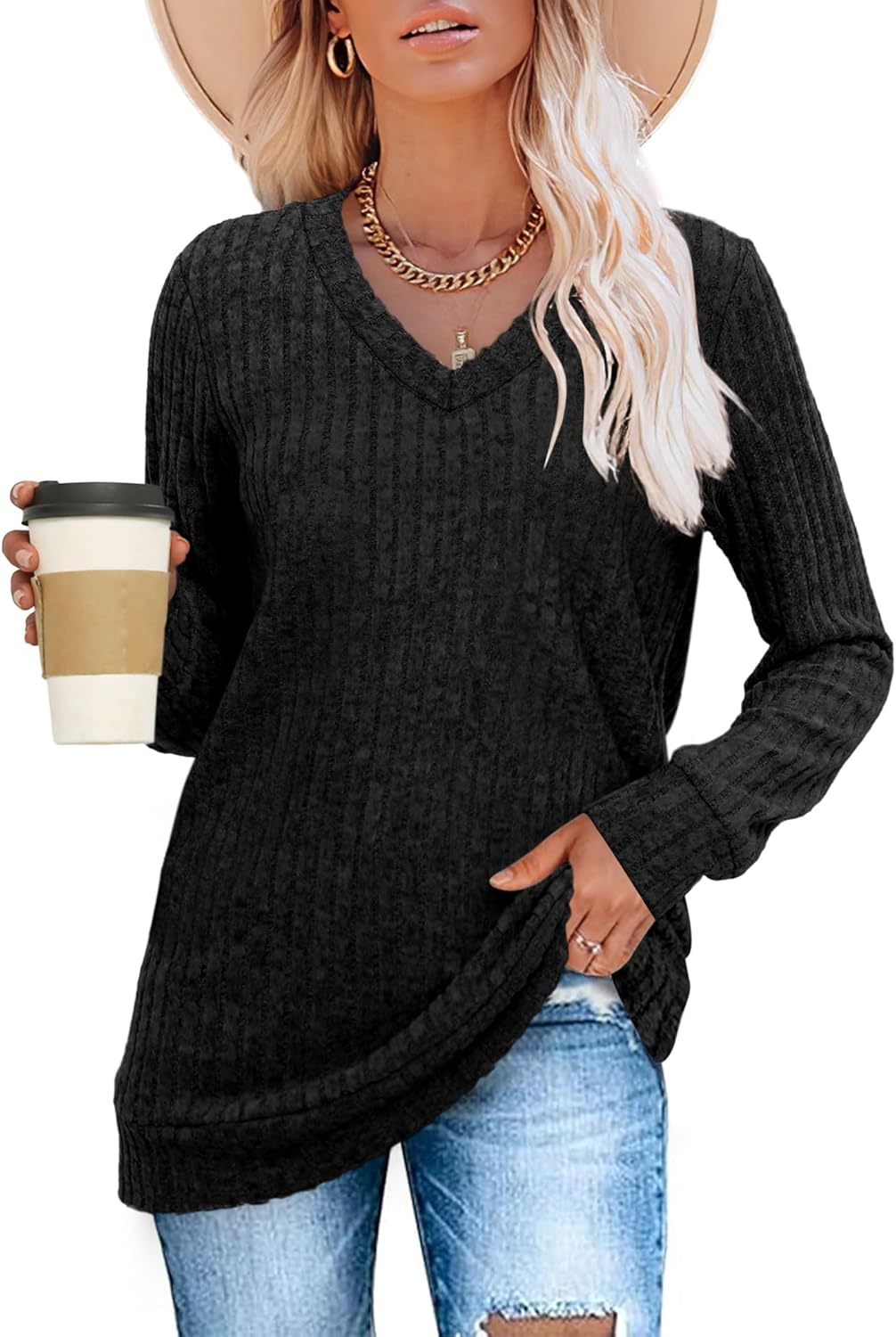 Women V Neck Long Sleeve Shirt Casual Fall Top Lightweight Tunic Sweater Clothes - Picture 26 of 128