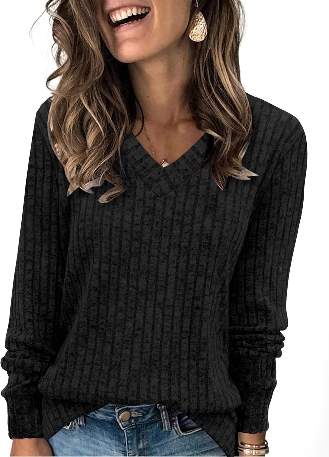 Women V Neck Long Sleeve Shirt Casual Fall Top Lightweight Tunic Sweater Clothes - Picture 24 of 128