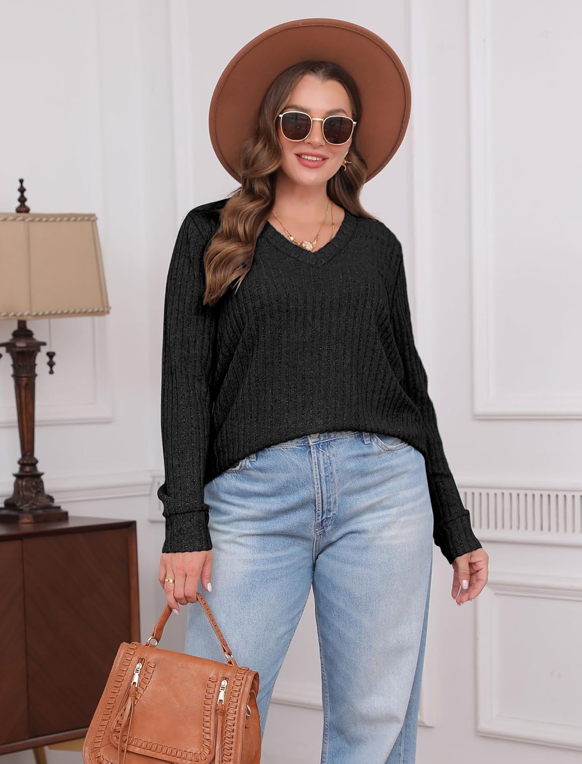 Women V Neck Long Sleeve Shirt Casual Fall Top Lightweight Tunic Sweater Clothes - Picture 27 of 128