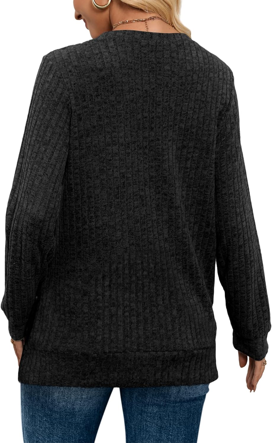 Women V Neck Long Sleeve Shirt Casual Fall Top Lightweight Tunic Sweater Clothes - Picture 28 of 128