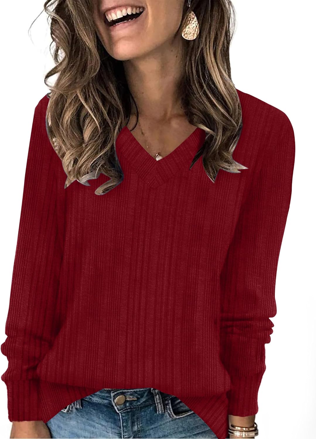 Women V Neck Long Sleeve Shirt Casual Fall Top Lightweight Tunic Sweater Clothes - Picture 29 of 128