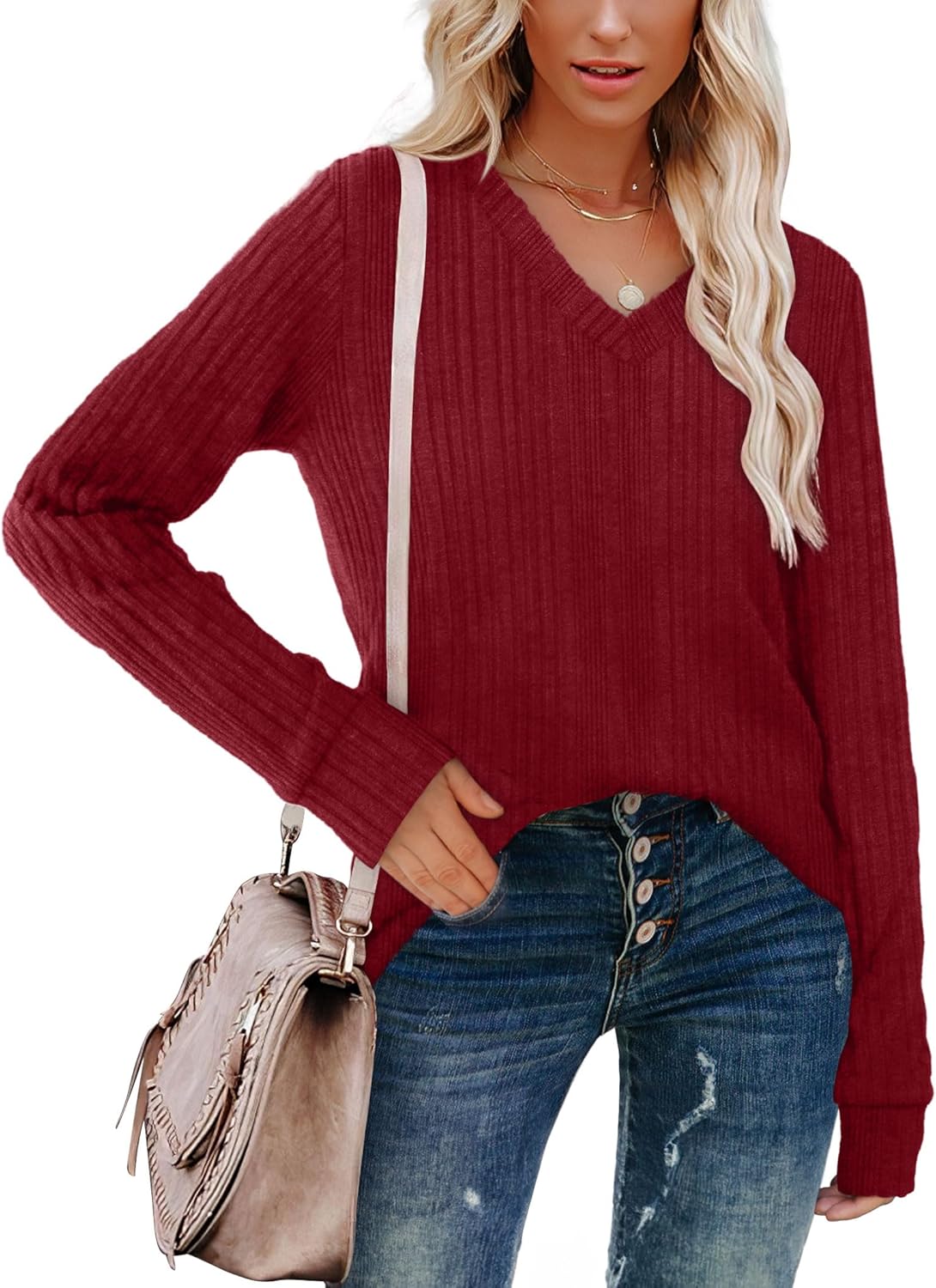 Women V Neck Long Sleeve Shirt Casual Fall Top Lightweight Tunic Sweater Clothes - Picture 30 of 128