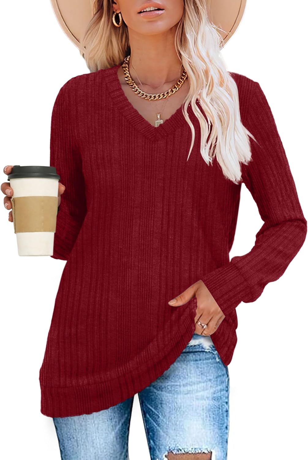 Women V Neck Long Sleeve Shirt Casual Fall Top Lightweight Tunic Sweater Clothes - Picture 31 of 128