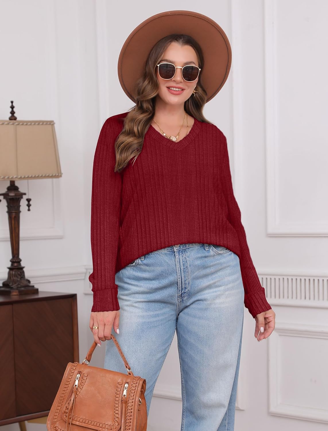 Women V Neck Long Sleeve Shirt Casual Fall Top Lightweight Tunic Sweater Clothes - Picture 32 of 128