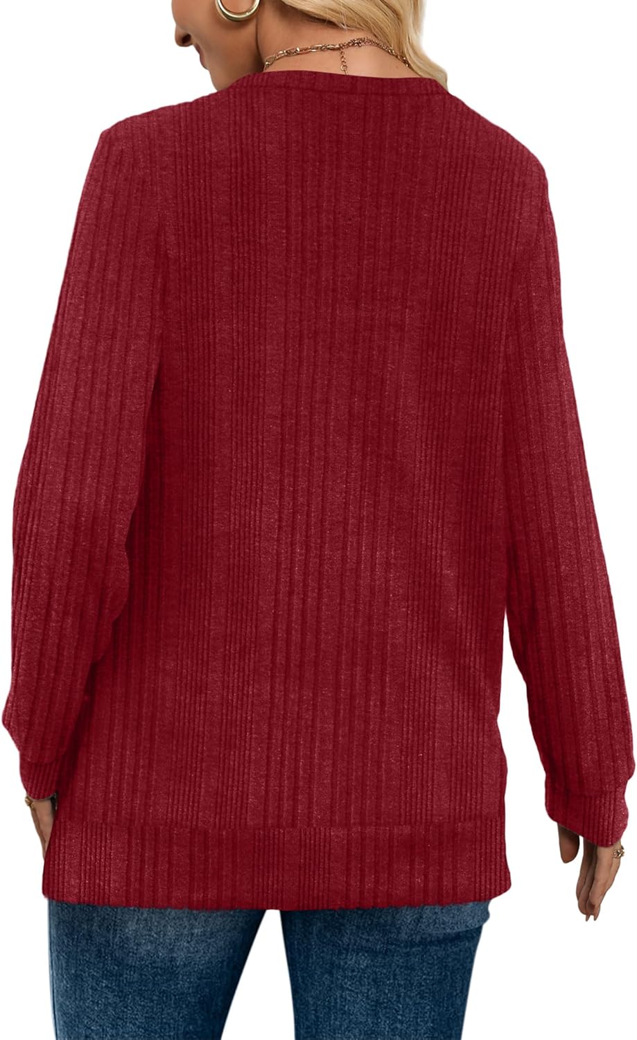 Women V Neck Long Sleeve Shirt Casual Fall Top Lightweight Tunic Sweater Clothes - Picture 33 of 128