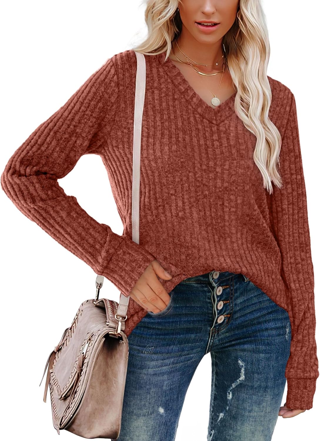 Women V Neck Long Sleeve Shirt Casual Fall Top Lightweight Tunic Sweater Clothes - Picture 35 of 128