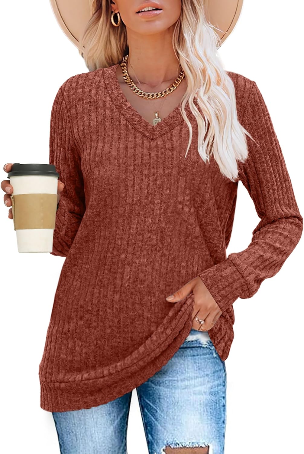 Women V Neck Long Sleeve Shirt Casual Fall Top Lightweight Tunic Sweater Clothes - Picture 36 of 128