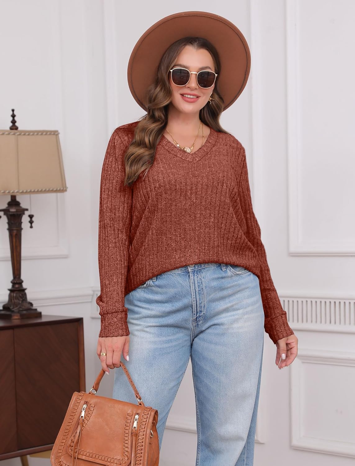 Women V Neck Long Sleeve Shirt Casual Fall Top Lightweight Tunic Sweater Clothes - Picture 37 of 128