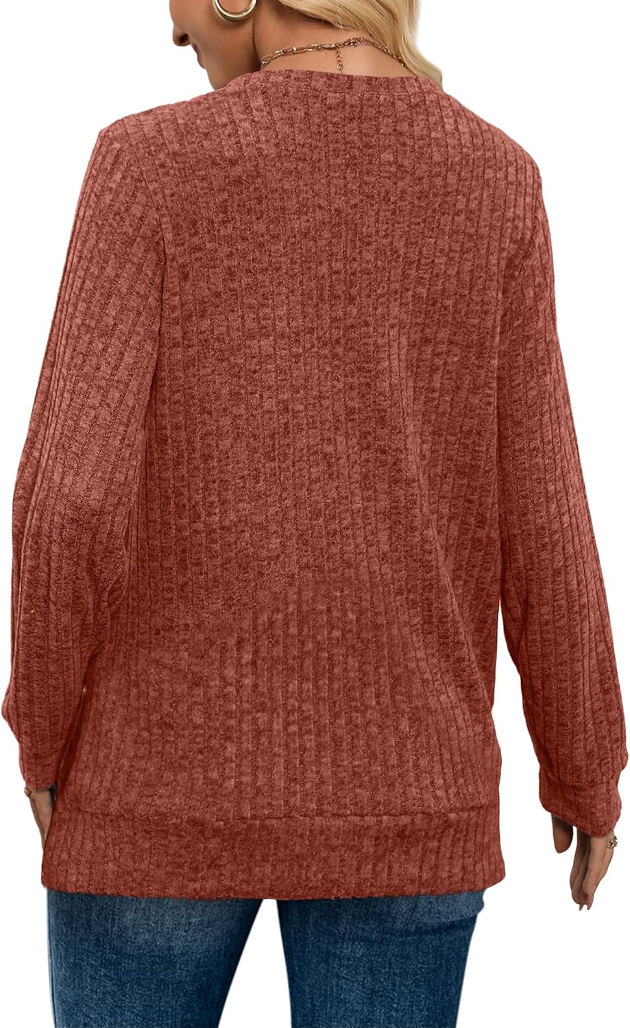 Women V Neck Long Sleeve Shirt Casual Fall Top Lightweight Tunic Sweater Clothes - Picture 38 of 128
