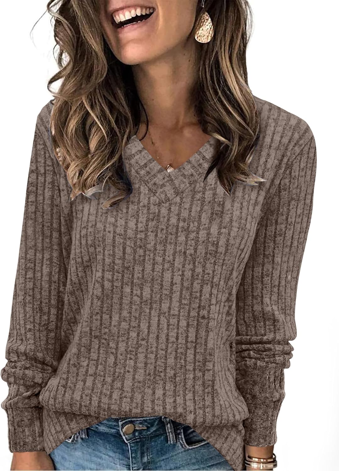 Women V Neck Long Sleeve Shirt Casual Fall Top Lightweight Tunic Sweater Clothes - Picture 39 of 128
