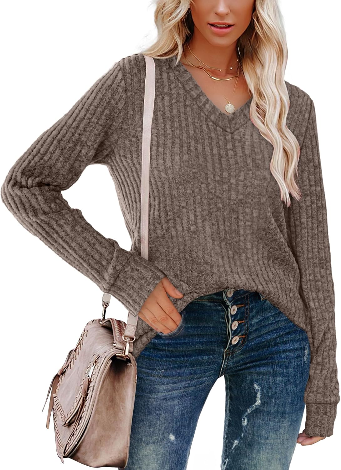 Women V Neck Long Sleeve Shirt Casual Fall Top Lightweight Tunic Sweater Clothes - Picture 40 of 128