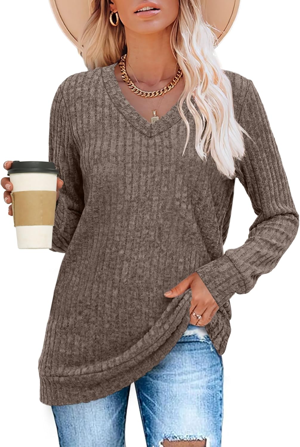 Women V Neck Long Sleeve Shirt Casual Fall Top Lightweight Tunic Sweater Clothes - Picture 41 of 128
