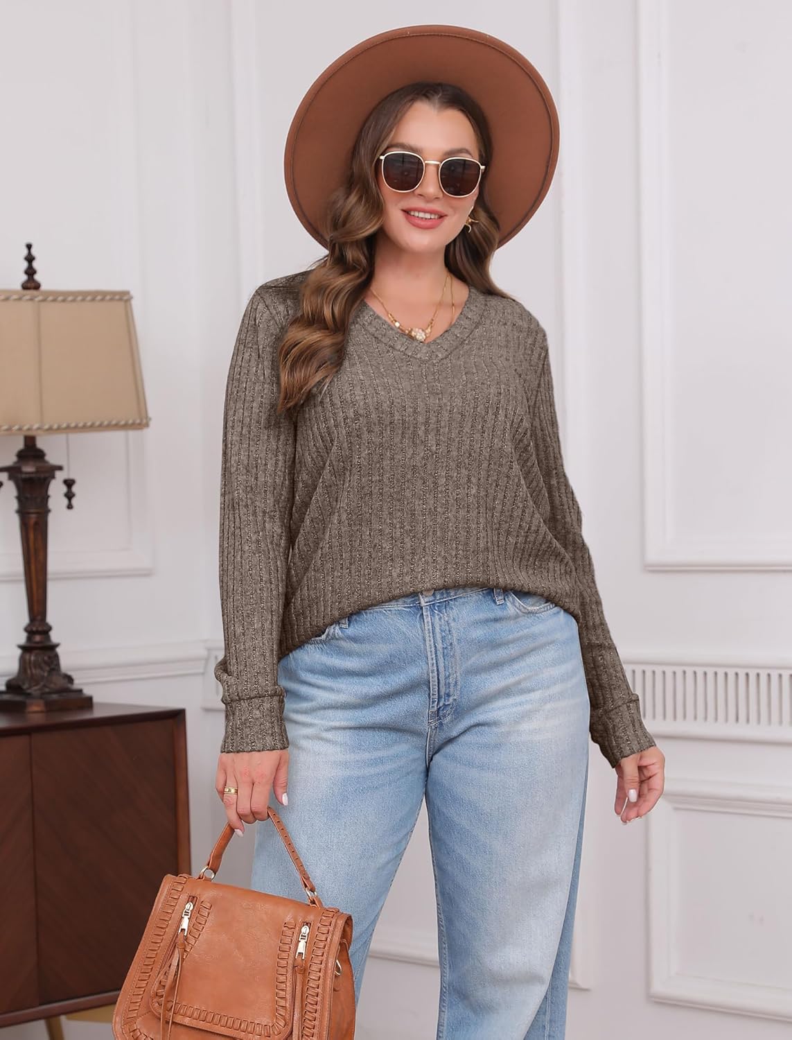 Women V Neck Long Sleeve Shirt Casual Fall Top Lightweight Tunic Sweater Clothes - Picture 42 of 128