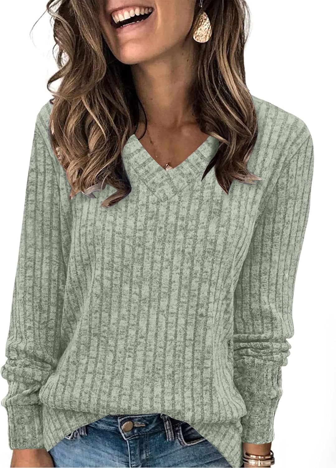 Women V Neck Long Sleeve Shirt Casual Fall Top Lightweight Tunic Sweater Clothes - Picture 44 of 128