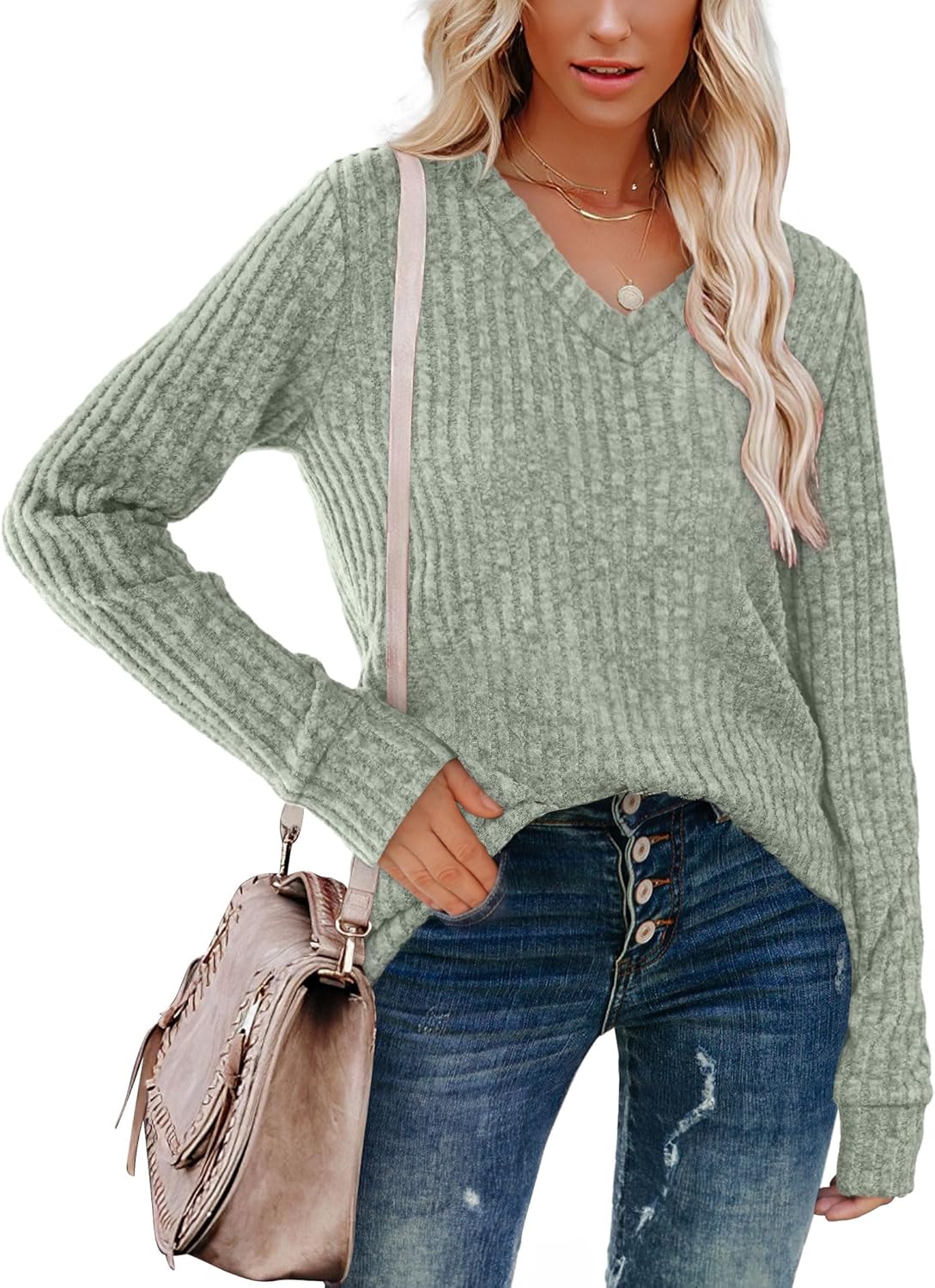 Women V Neck Long Sleeve Shirt Casual Fall Top Lightweight Tunic Sweater Clothes - Picture 45 of 128