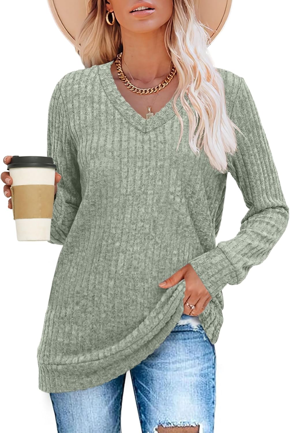 Women V Neck Long Sleeve Shirt Casual Fall Top Lightweight Tunic Sweater Clothes - Picture 46 of 128