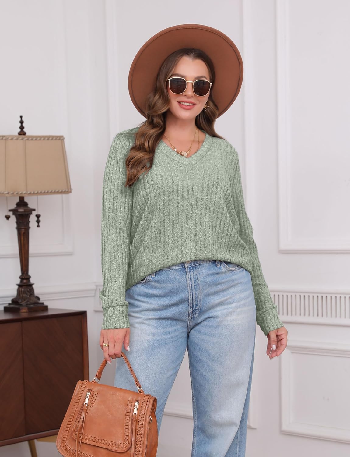 Women V Neck Long Sleeve Shirt Casual Fall Top Lightweight Tunic Sweater Clothes - Picture 47 of 128