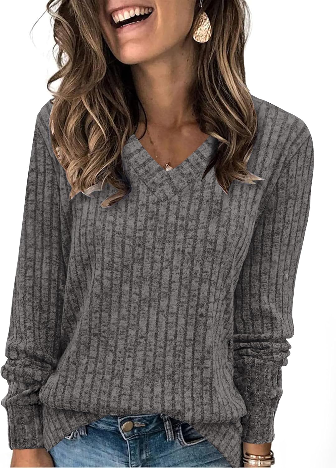 Women V Neck Long Sleeve Shirt Casual Fall Top Lightweight Tunic Sweater Clothes - Picture 49 of 128