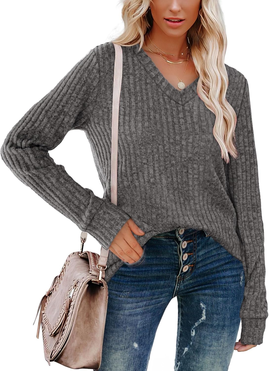 Women V Neck Long Sleeve Shirt Casual Fall Top Lightweight Tunic Sweater Clothes - Picture 50 of 128