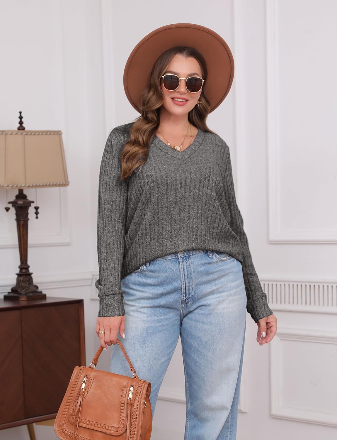 Women V Neck Long Sleeve Shirt Casual Fall Top Lightweight Tunic Sweater Clothes - Picture 52 of 128