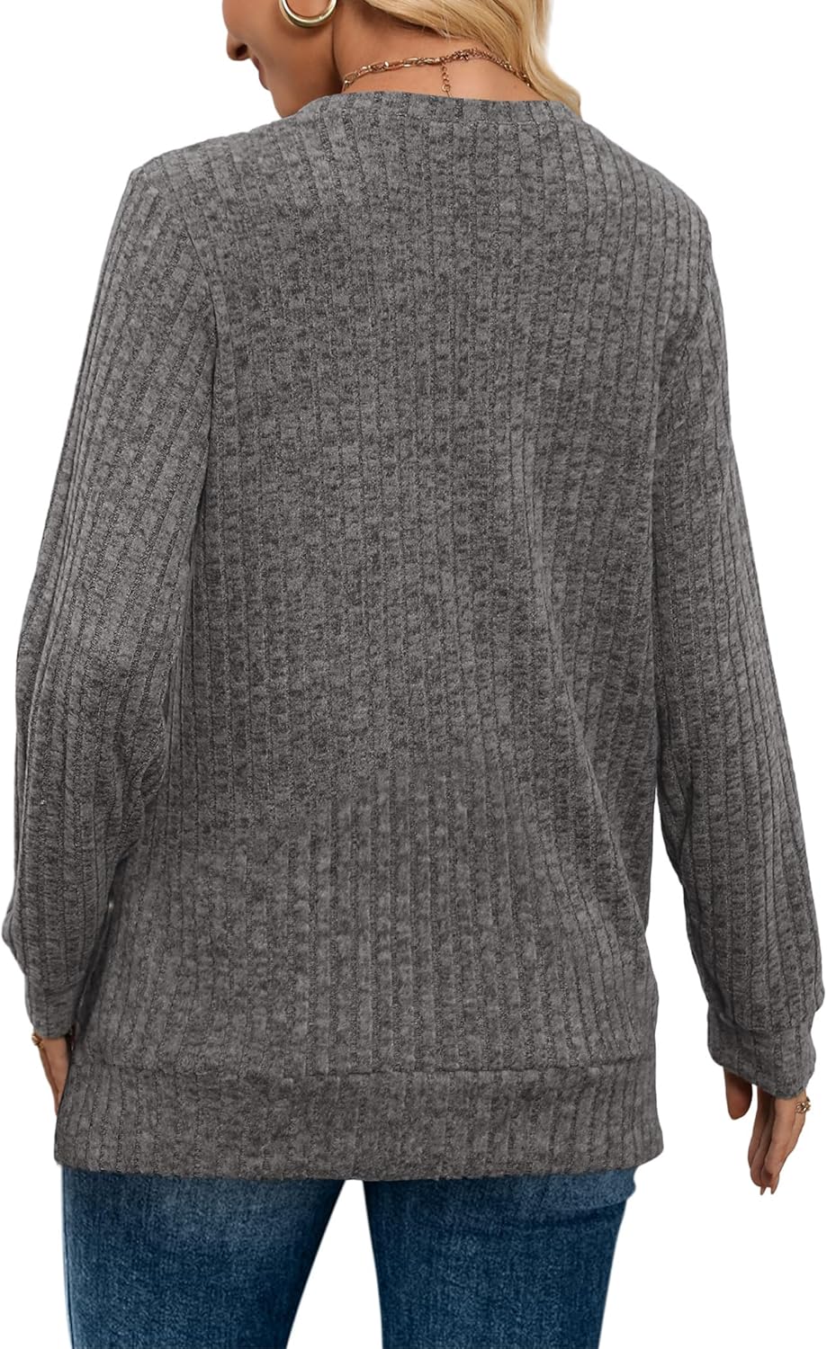Women V Neck Long Sleeve Shirt Casual Fall Top Lightweight Tunic Sweater Clothes - Picture 53 of 128