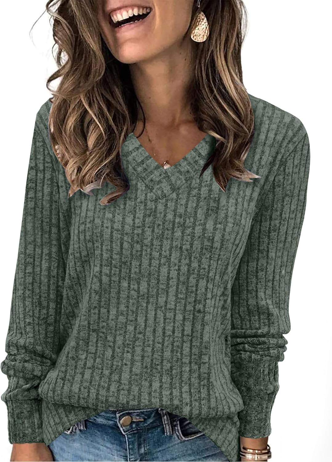 Women V Neck Long Sleeve Shirt Casual Fall Top Lightweight Tunic Sweater Clothes - Picture 54 of 128