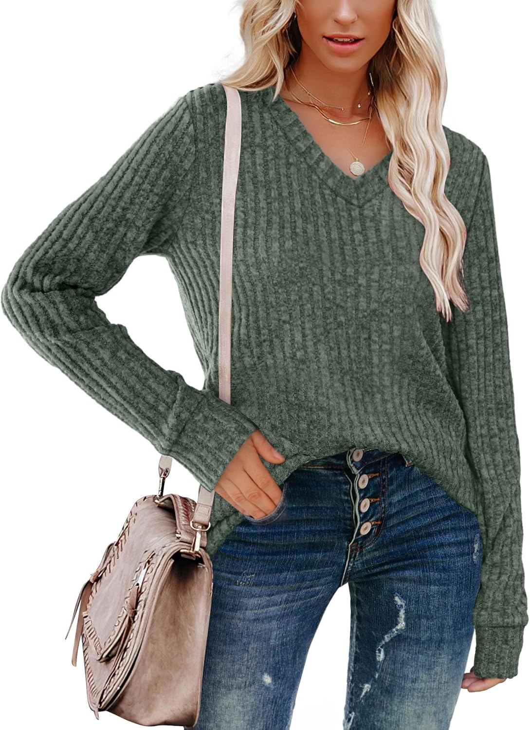 Women V Neck Long Sleeve Shirt Casual Fall Top Lightweight Tunic Sweater Clothes - Picture 55 of 128