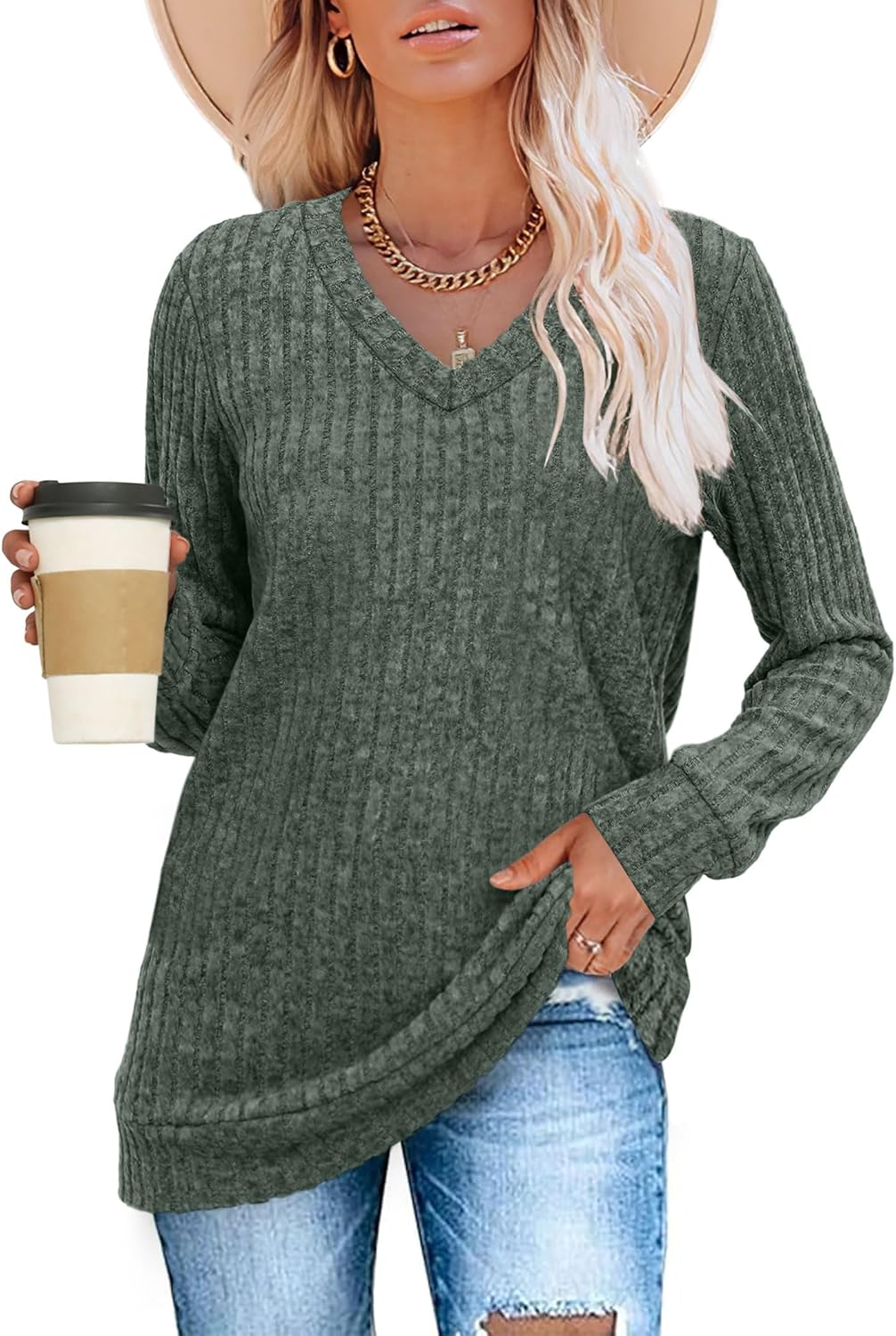 Women V Neck Long Sleeve Shirt Casual Fall Top Lightweight Tunic Sweater Clothes - Picture 56 of 128