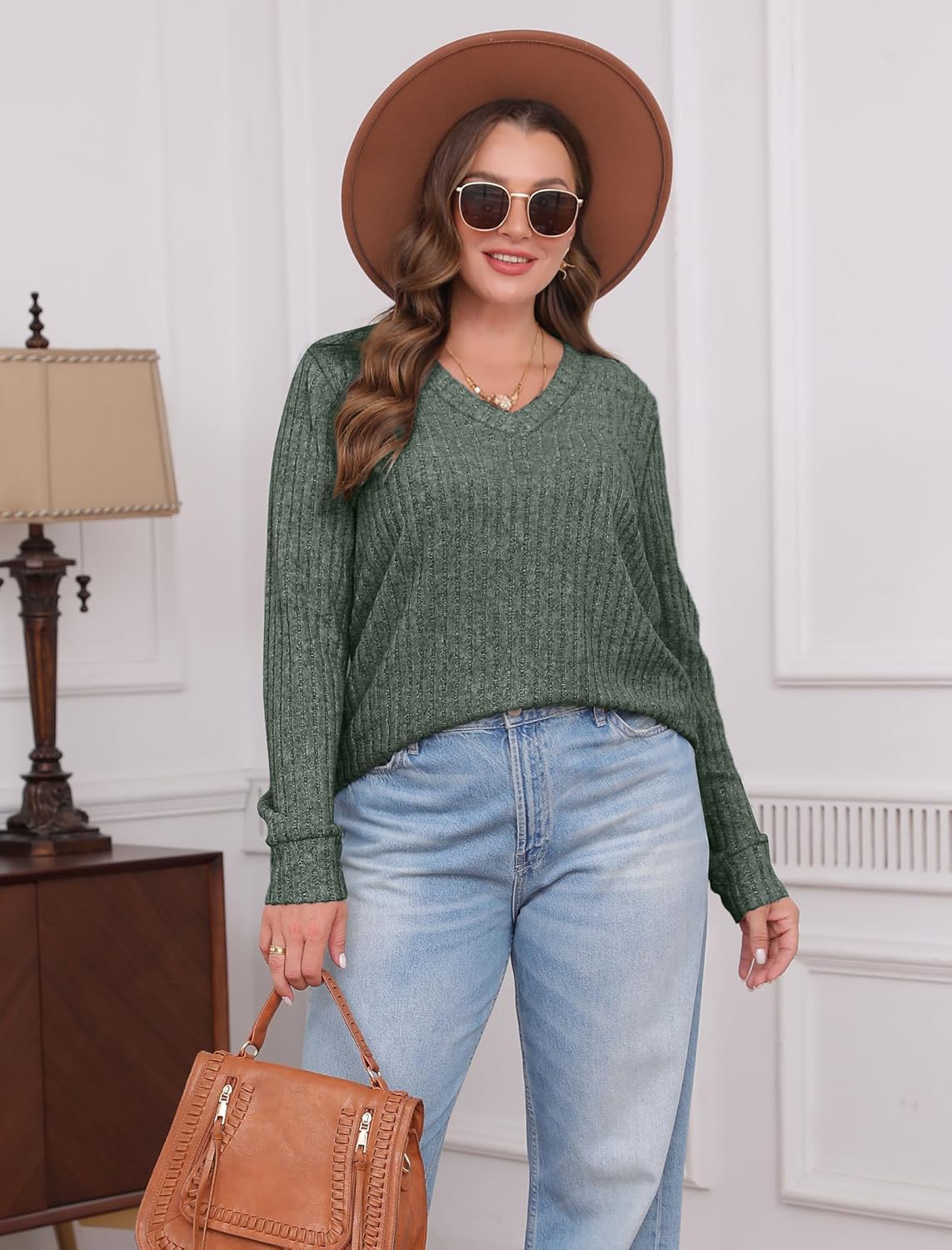 Women V Neck Long Sleeve Shirt Casual Fall Top Lightweight Tunic Sweater Clothes - Picture 57 of 128