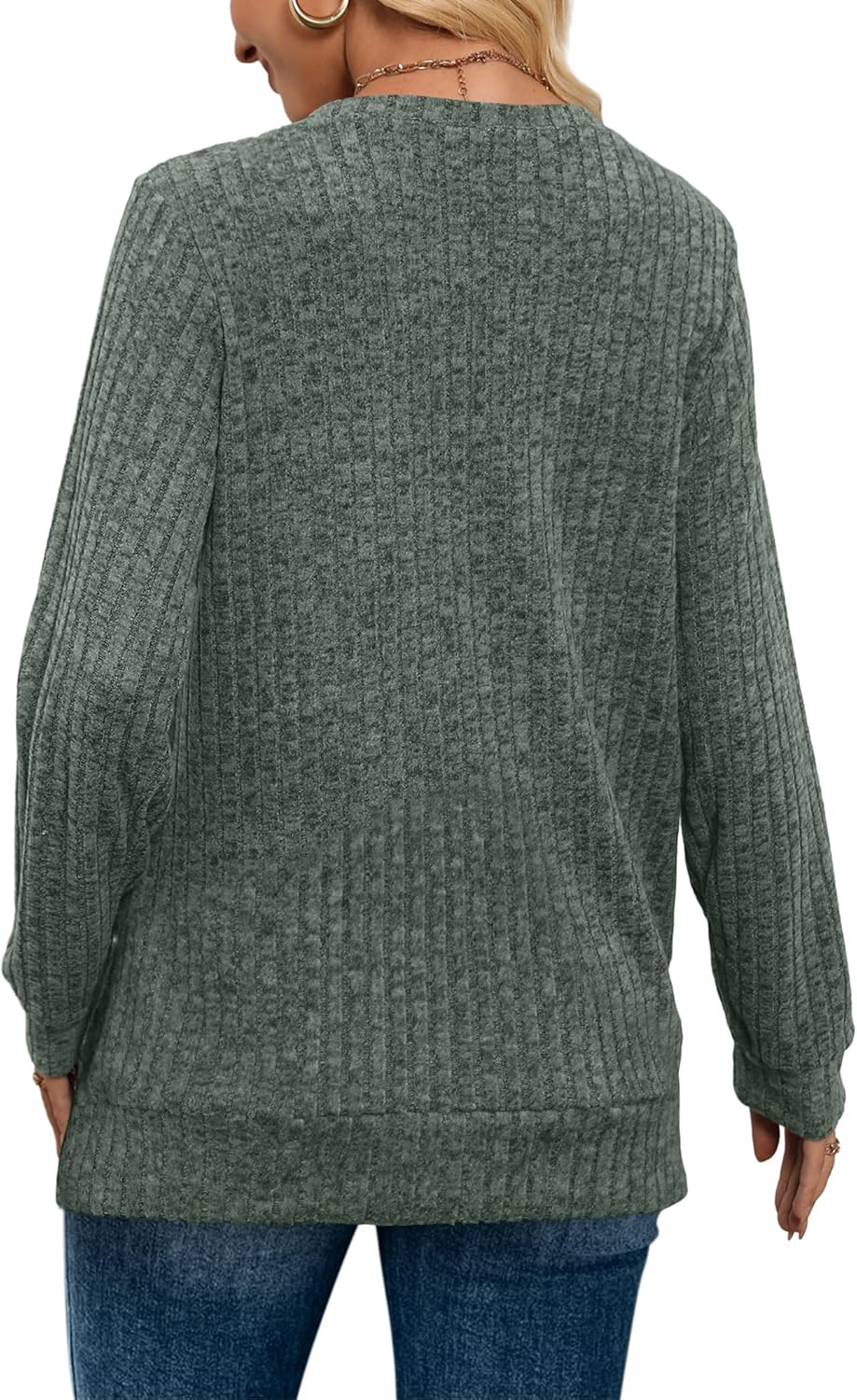 Women V Neck Long Sleeve Shirt Casual Fall Top Lightweight Tunic Sweater Clothes - Picture 58 of 128