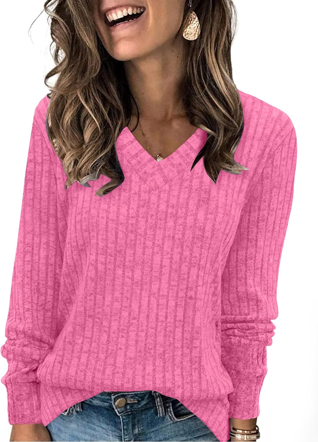Women V Neck Long Sleeve Shirt Casual Fall Top Lightweight Tunic Sweater Clothes - Picture 59 of 128