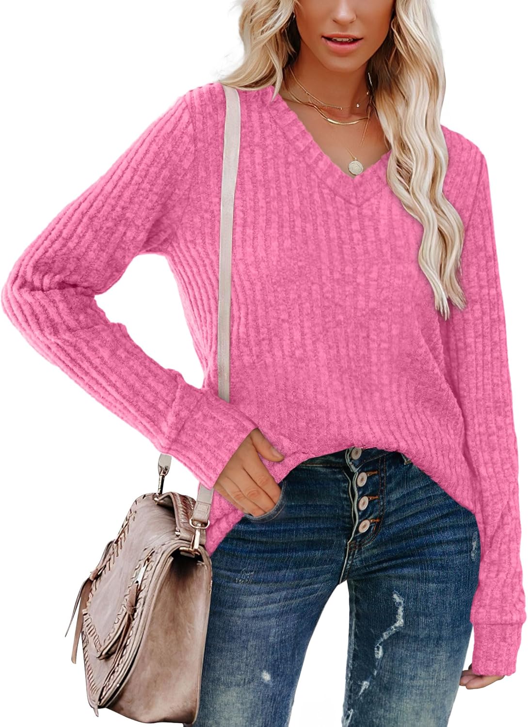 Women V Neck Long Sleeve Shirt Casual Fall Top Lightweight Tunic Sweater Clothes - Picture 60 of 128